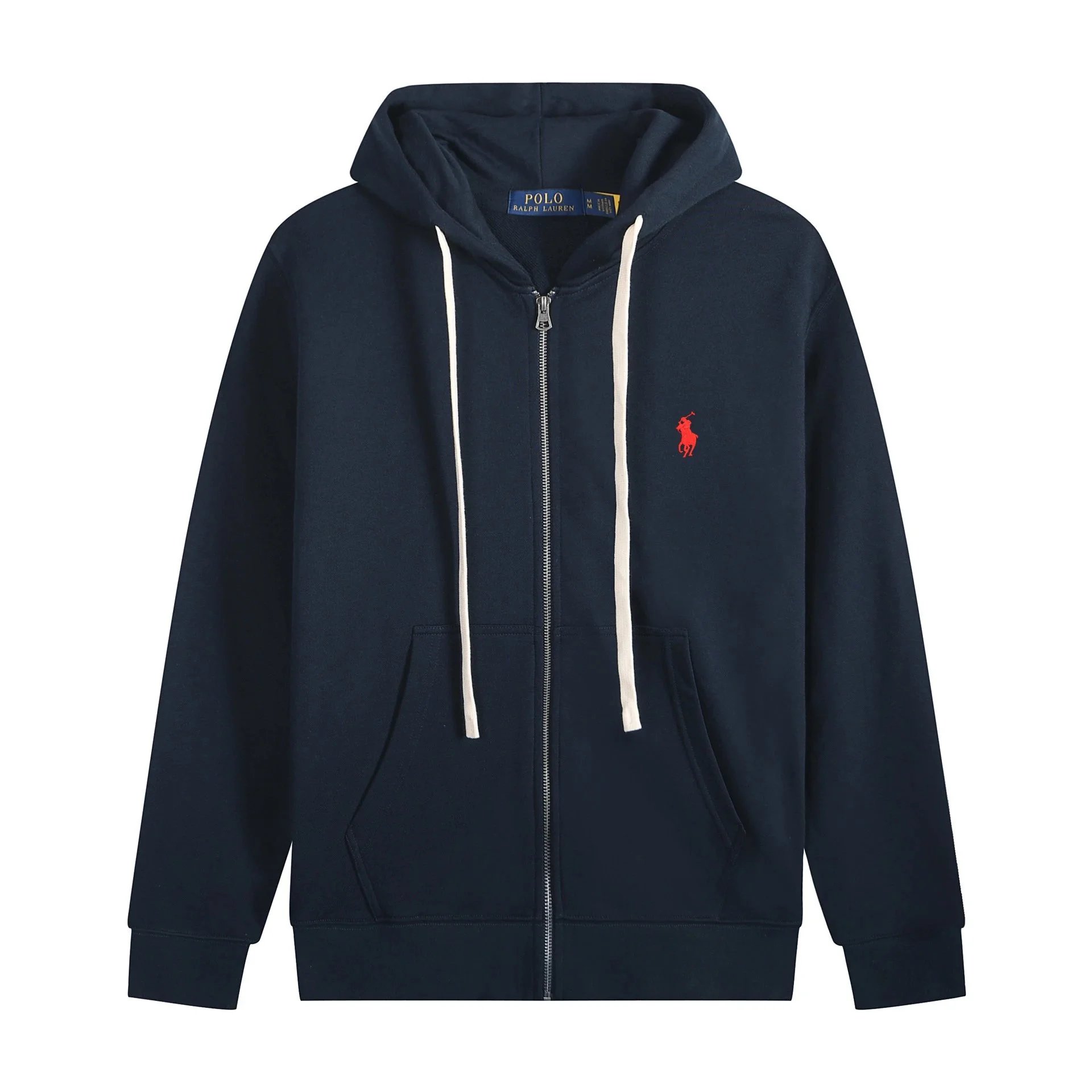 White rope zipper with navy blue and red logo